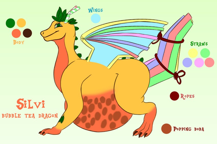 beverage big_butt bubble_tea butt claws drinking_straw female feral green_eyes horn inflation orange_body solo tea_leaf text wings weksoida mythology silvi dragon mythological_creature mythological_scalie scalie 3:2 english_text hi_res model_sheet