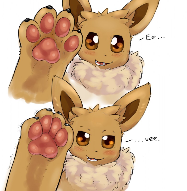 ambiguous_gender blush brown_body brown_eyes brown_fur claws digitigrade feet feral foot_focus fur looking_at_viewer open_mouth pawpads paws simple_background solo spread_toes toes white_background 44shio nintendo pokemon canid canine eevee generation_1_pokemon mammal pokemon_(species) hi_res