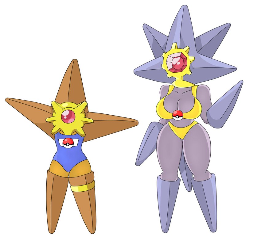 anthro anthrofied big_breasts bikini bikini_thong bikini_top breasts brown_body clothing duo evolutionary_family female for_a_head gem jewelry pokeball pokemorph purple_body red_eyes simple_background standard_pokeball swimwear two-piece_swimsuit white_background yellow_bikini yellow_clothing yellow_swimwear urusee584 nintendo pokemon echinoderm generation_1_pokemon marine pokemon_(species) starmie staryu hi_res