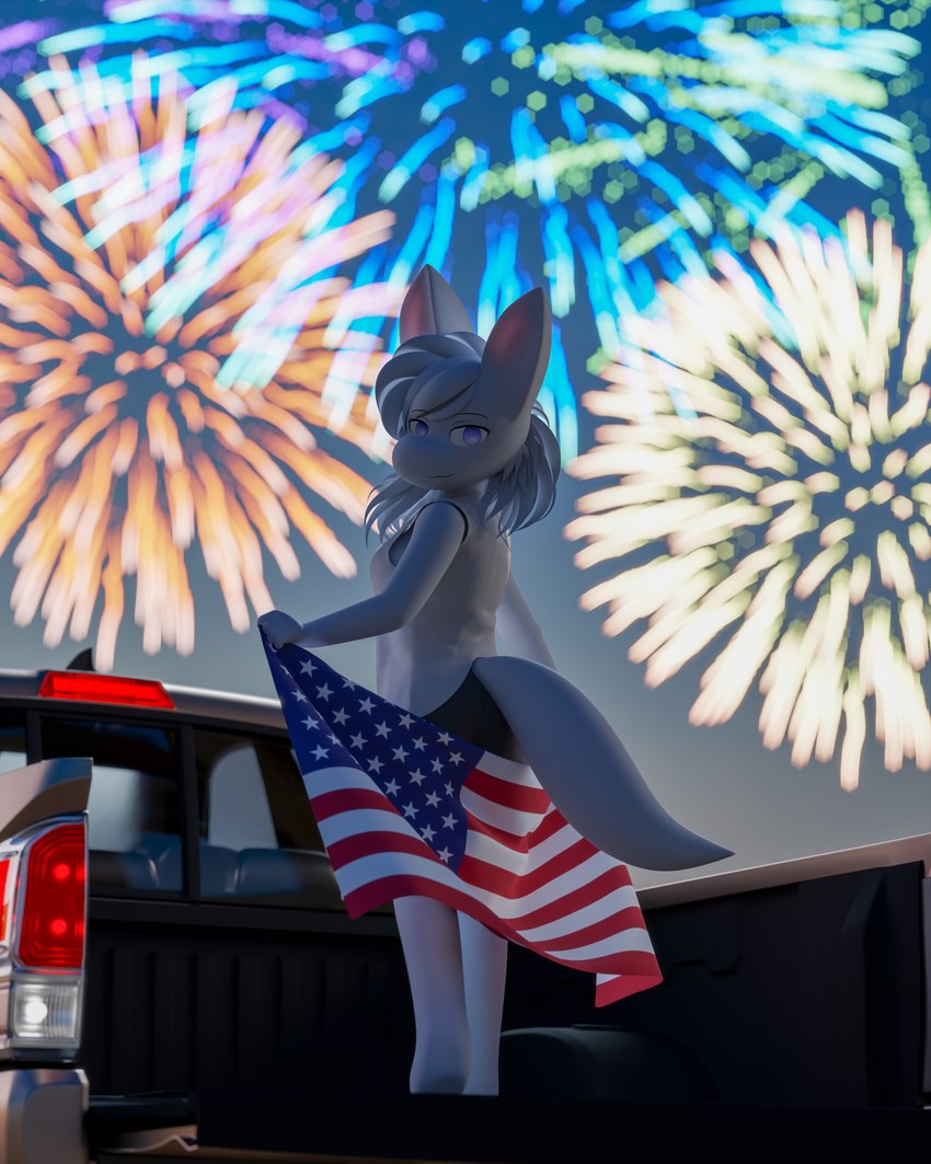 american_flag anthro barefoot black_bottomwear black_clothing black_shorts bottomwear canton clothing feet female fireworks flag flag_(object) fur hair holding_flag holding_object holidays light light_truck long_hair looking_at_viewer looking_back on_vehicle pickup_truck shirt shorts smile soles solo standing standing_on_vehicle tail tank_top topwear truck_(vehicle) united_states_of_america vehicle white_body white_fur white_hair white_tail jomasfaceisugly 4th_of_july juna_(jomasfaceisugly) unknown_species 4:5 absurd_res digital_media_(artwork) hi_res lighting