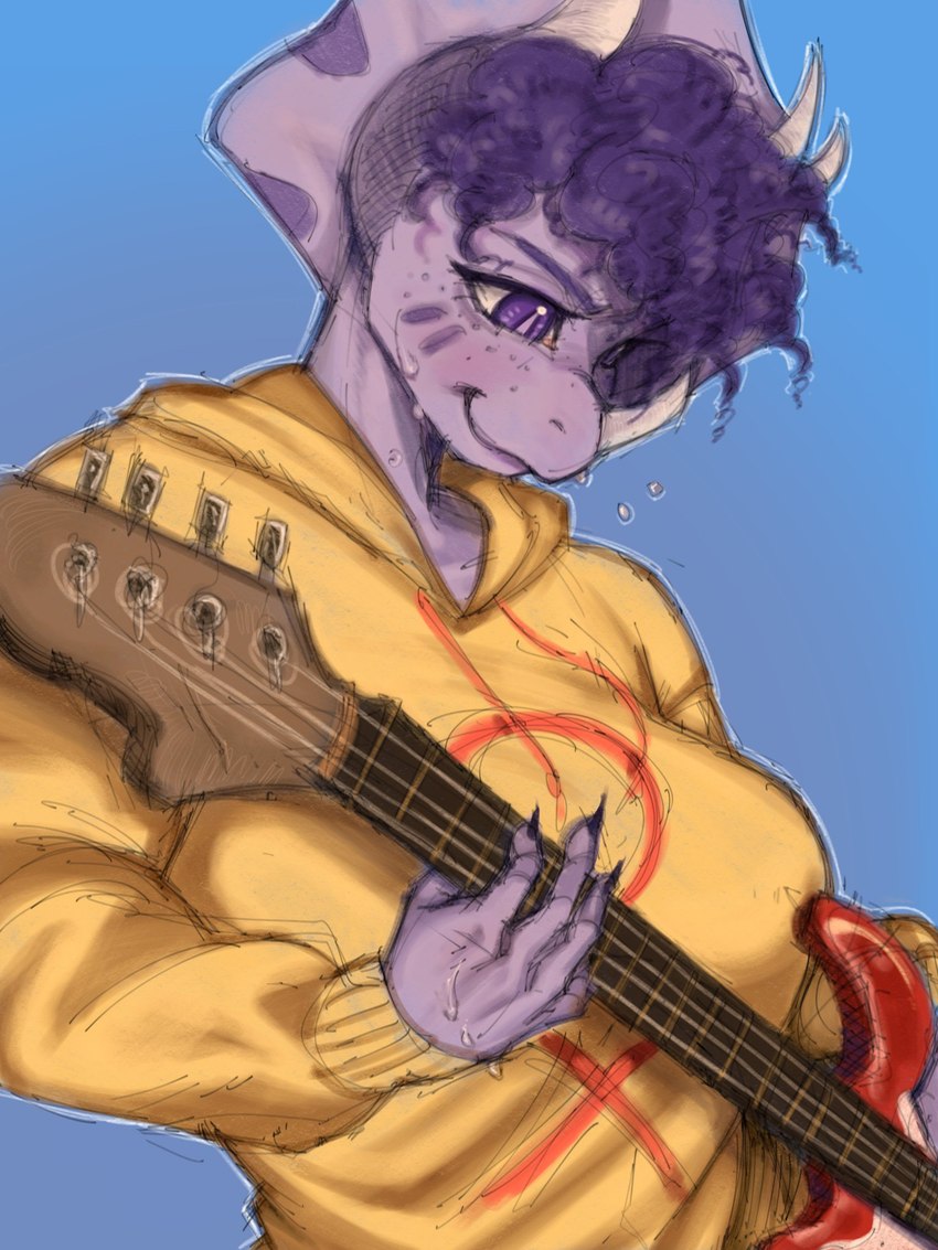 3_horns 5_fingers anthro bass_guitar big_breasts bodily_fluids bone_frill breasts clothed clothing female fingers frill_(anatomy) guitar hair holding_bass hoodie horn kinky_hair multi_horn musical_instrument playing_bass plucked_string_instrument pupils purple_body purple_eyes purple_hair purple_scales scales simple_background slit_pupils smile snout solo string_instrument sweat topwear tendocake cavemanon_studios goodbye_volcano_high groundbreaking snoot_game trish_(gvh) ceratopsian dinosaur ornithischian prehistoric_species reptile scalie triceratops 3:4 colored hi_res