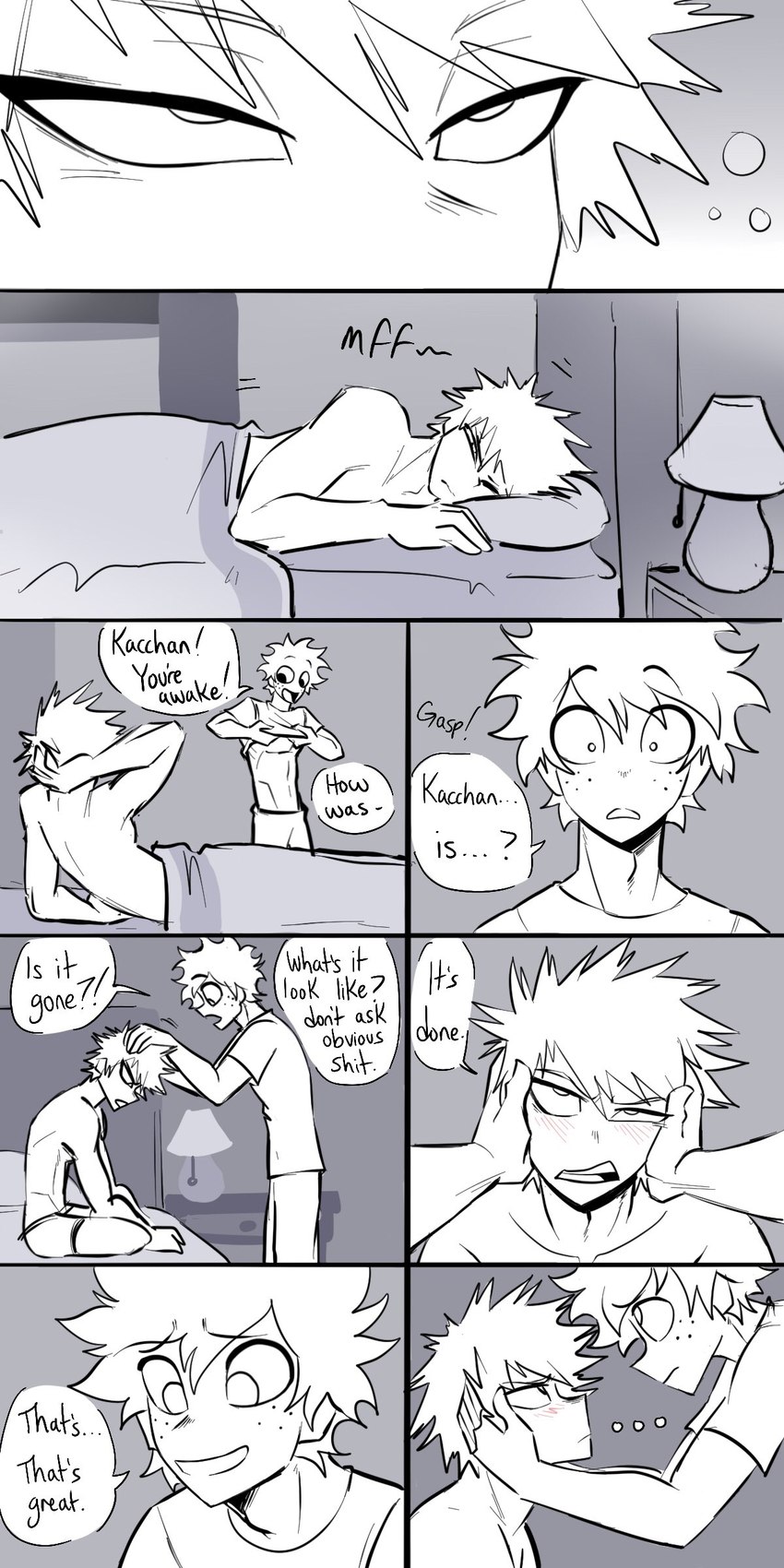 after_transformation bed blush clothing dialogue dressing duo freckles furniture human_only lamp male not_furry speech_bubble surprised_expression text underwear waking_up pretty_werewolf my_hero_academia izuku_midoriya katsuki_bakugou human mammal 1:2 absurd_res comic english_text hi_res spot_color