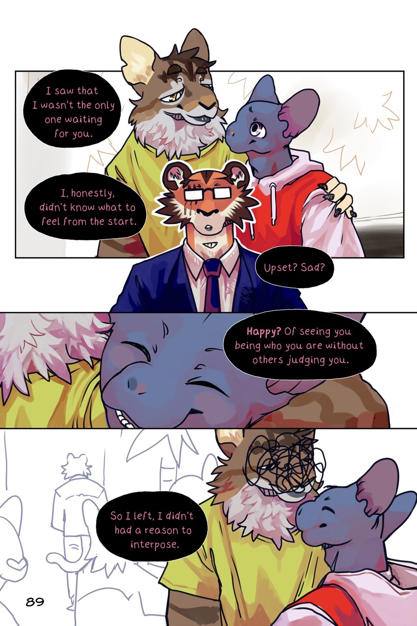 blue_eyes clothing dialogue eye_scar eyewear facial_scar glasses hoodie male necktie purple_eyes scar smile suit text topwear bastriw martin_(bastriw) pato_(bastriw) domestic_cat felid feline felis mammal pantherine tiger 2:3 comic english_text hi_res