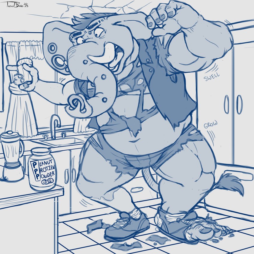 after_transformation anthro appliance blender_(machine) bottomwear bulge clothing confusion container cup ear_piercing food footwear fridge growth kitchen kitchen_appliance male overweight overweight_male peanut_butter piercing proboscis_(anatomy) shirt shoes shorts solo topwear torn_clothing transformation trunk_(anatomy) tusks teaselbone elephant elephantid mammal proboscidean 2025 hi_res