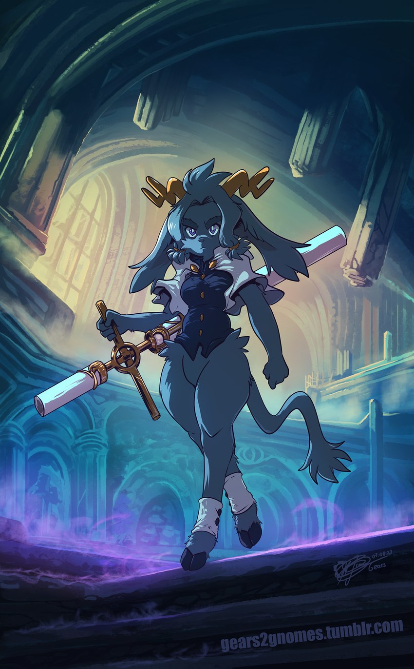 ankle_cuffs anthro antlers big_ears bottomless breasts castle cathedral clothed clothing cloven_hooves club_(weapon) cuff_(restraint) cuff_links detailed_background dream_breaker_(pseudoregalia) featureless_crotch female floppy_ears fog frown fur grey_body grey_fur hip_tuft hooves horn inside looking_at_viewer lop_ears low-angle_view melee_weapon nightstick pupils purple_eyes restraints scowl shawl solo tuft weapon white_pupils wide_hips gears2gnomes pseudoregalia sybil_(pseudoregalia) bovid caprine goat hybrid jackalope lagomorph leporid mammal rabbit 2023 absurd_res cool_colors hi_res