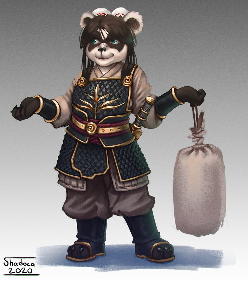 anthro female green_eyes melee_weapon simple_background solo sword weapon young young_female shadoca blizzard_entertainment warcraft bear mammal pandaren 2020 hi_res