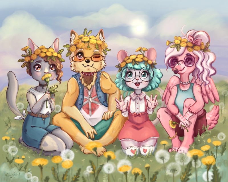 anthro breasts clothed clothing cloud eyewear female field flower fully_clothed glasses group non-mammal_breasts plant sky sun katilina_(artist) avian bird canid canine canis domestic_cat domestic_dog felid feline felis flamingo mammal mouse murid murine rodent 5:4 hi_res