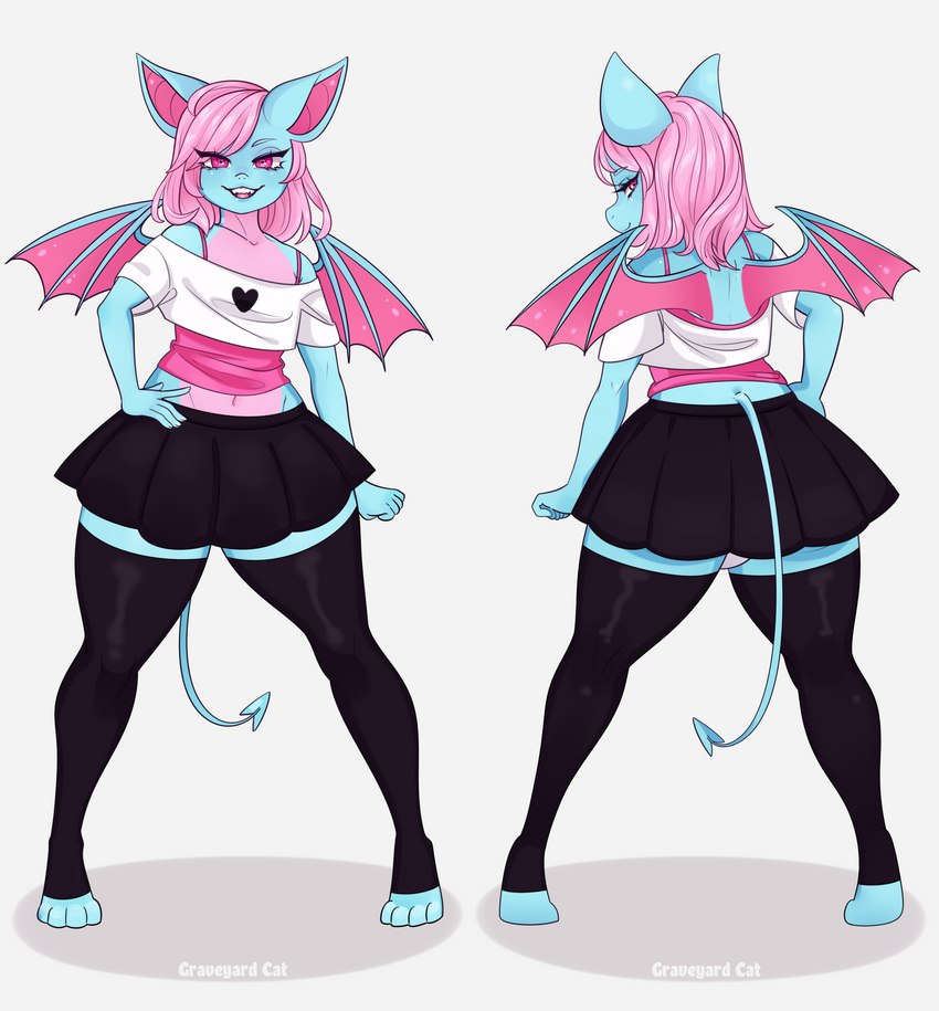 black_bottomwear black_clothing black_skirt blue_body bottomwear clothed clothing crop_top femboy hair hand_on_hip heart_symbol legwear male pink_eyes pink_hair pose rear_view shirt skirt solo spade_tail tail tail_over_skirt thigh_highs topwear wings graveyardcat terry_bat bat mammal absurd_res hi_res