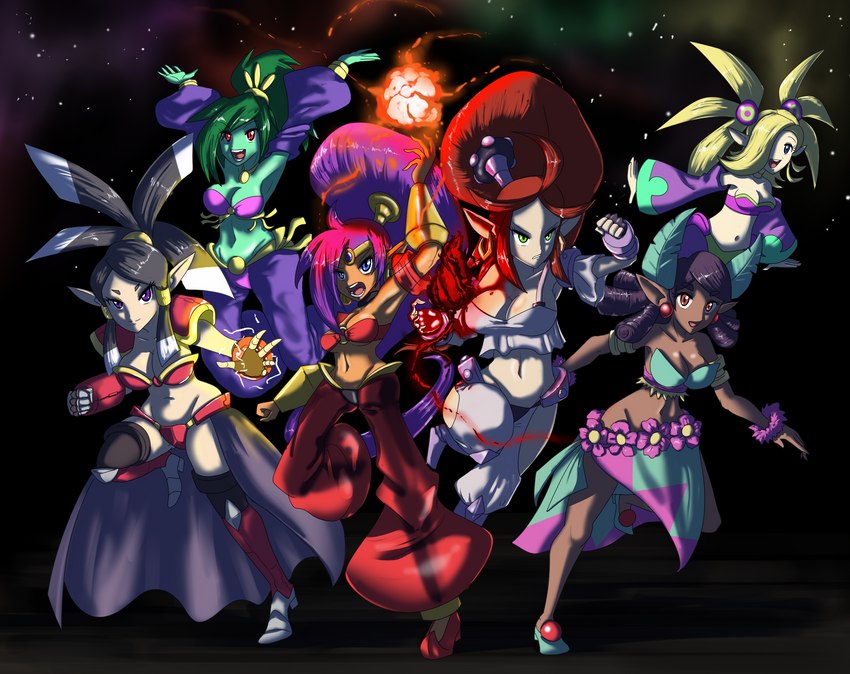 belly_dancer bikini black_hair blonde_hair blue_eyes breasts brown_eyes cleavage clothed clothing female green_body green_eyes green_hair group hair midriff navel open_mouth purple_eyes purple_hair red_eyes red_hair swimwear translucent translucent_clothing two-piece_swimsuit sonicboom30813 shantae_(series) wayforward harmony_(shantae) plink_(shantae) rottytops shantae vera_(shantae) zapple_(shantae) genie humanoid undead zombie hi_res