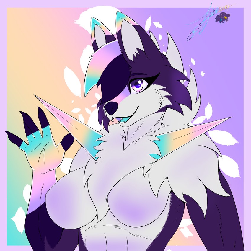 anthro big_breasts breasts female fluffy fur hair neck_tuft purple_body purple_fur smile smiling_at_viewer solo spikes tuft white_body white_fur apheront unknown_species 1:1 absurd_res hi_res icon