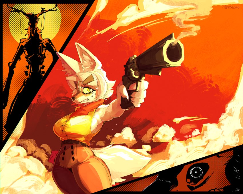 3_panel_comic 5_fingers ambiguous_gender anthro antlers big_breasts black_nose bodily_fluids bone bottomwear breasts brown_bottomwear brown_clothing brown_pants claws clenched_teeth clothing collared_shirt dress_shirt duo eyebrow_through_hair eyebrows eyelashes female fight finger_claws fingers freckled_face freckles fur gun hair handgun holding_gun holding_handgun holding_object holding_ranged_weapon holding_revolver holding_weapon horn inner_ear_fluff kerchief neckerchief neckwear open_mouth outside pants pupils ranged_weapon red_kerchief red_neckerchief revolver shirt shooting skull skull_head smoke snout standing sun sweat sweatdrop tail teeth thick_eyebrows topwear translucent translucent_hair tuft weapon white_body white_fur white_hair wind yellow_clothing yellow_dress_shirt yellow_eyes yellow_shirt yellow_topwear titanogoro american_mythology cc-by-nc creative_commons indigenous_north_american_mythology mythology north_american_mythology cassidy_(titanogoro) canid canine mammal monster wendigo 2023 5:4 absurd_res comic digital_media_(artwork) dithering hi_res shaded