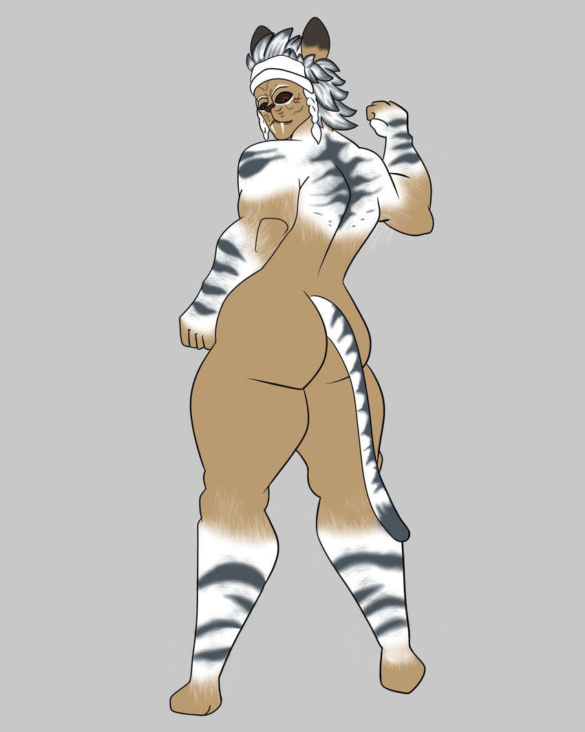 brown_body butt butt_focus flexing fur kerchief white_body white_fur shadovinnyguy343 final_fantasy final_fantasy_xiv square_enix rhazumnik_atolna felid hrothgar mammal 4:5 hi_res