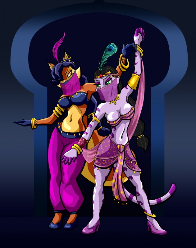 anthro belly_dancer breasts clothed clothing dancing duo female fur harem_outfit orange_body orange_fur stripes veil astraldog sly_cooper_(series) sony_corporation sony_interactive_entertainment sucker_punch_productions captain_neyla carmelita_fox canid canine felid fox mammal pantherine tiger 2017 absurd_res hi_res