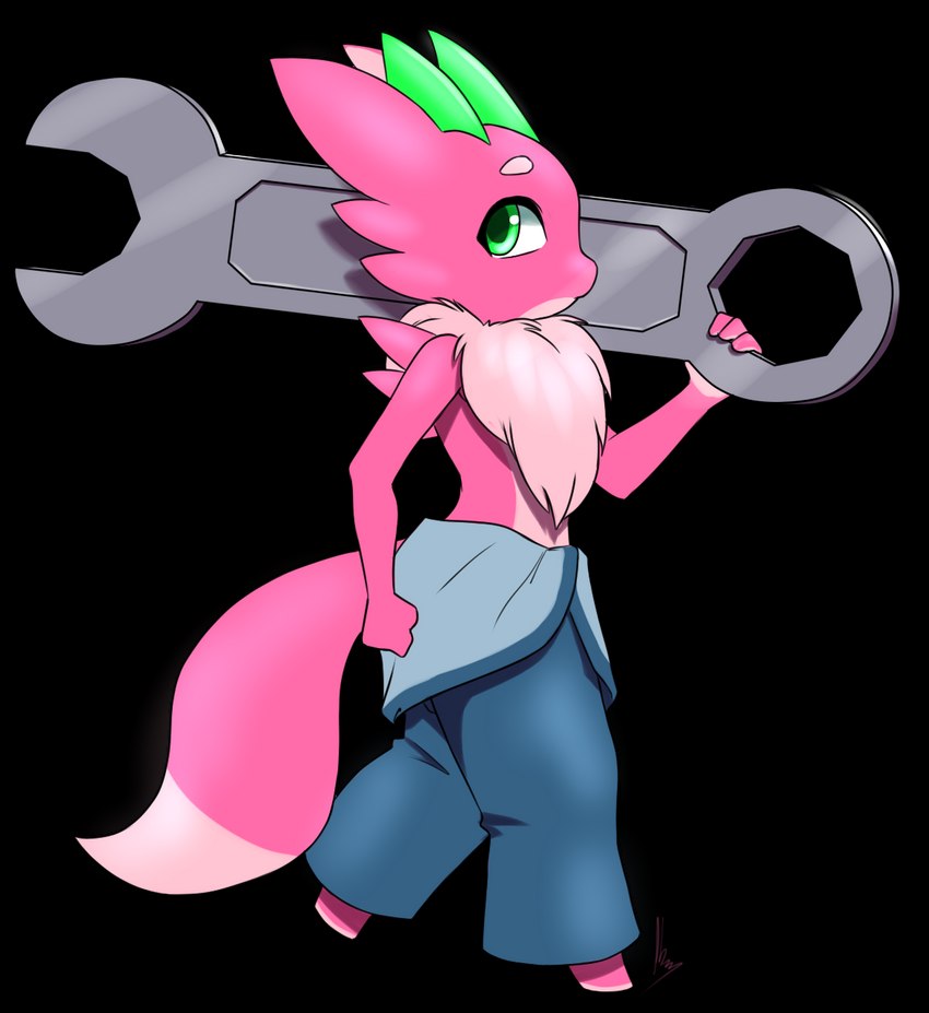 atom blue_clothing clothing countershade_torso countershading dipstick_tail female fur green_eyes looking_aside looking_at_viewer markings neck_floof overalls pink_body pink_fur side_view solo standing tail tail_markings tools wrench furball kobold reptile scalie 2023 alpha_channel hi_res