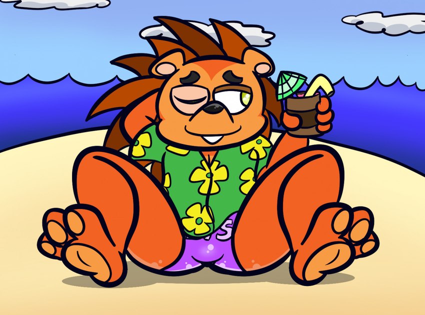 aloha_shirt anthro beach beverage black_nose clothing cloud container cup feet fur green_eyes hand_behind_head holding_container holding_cup holding_object male one_eye_closed orange_body orange_fur orange_pawpads pattern_clothing pattern_shirt pattern_topwear pawpads seaside shirt sitting sky smile solo speedo spread_legs spreading swimwear toes toony topwear water kaokao hasbro littlest_pet_shop littlest_pet_shop_(2012) russell_ferguson eulipotyphlan hedgehog mammal 2021