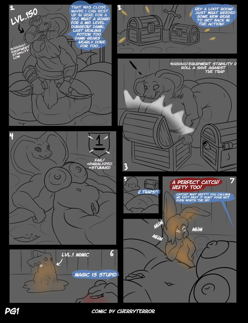 apode blue_eyes blush blush_lines defeat_sex defeated defeated_hero defeated_rape dialogue dice_roll extra_arms extra_limbs eyebrow_piercing facial_piercing female genitals hair larger_female legless level_difference level_drain level_number living_tail male nude_anthro paralysis piercing role_reversal serpentine simple_background size_difference slime smaller_male snake_hood snake_tail solo_focus status_effect tail text trapped unusual_anatomy unusual_tail vulva white_hair cherryterror stripped_down jack_the_mimic draconcopode goo_creature lagomorph mammal mimic mimic_chest naga reptile scalie snake 2025 absurd_res comic english_text hi_res line_art