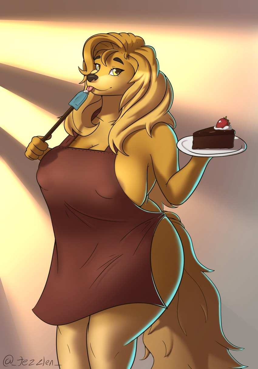 anthro apron apron_only big_breasts blonde_hair breasts cake cleavage clothed clothing dessert female food fur hair huge_breasts kitchen_spatula kitchen_utensils licking looking_at_viewer mature_female mostly_nude nipple_outline plate solo spatula standing tongue tongue_out tools wide_hips yellow_body yellow_eyes yellow_fur conditional_dnp jezzlen mabel_(cherrikissu) canid canine canis domestic_dog mammal hi_res