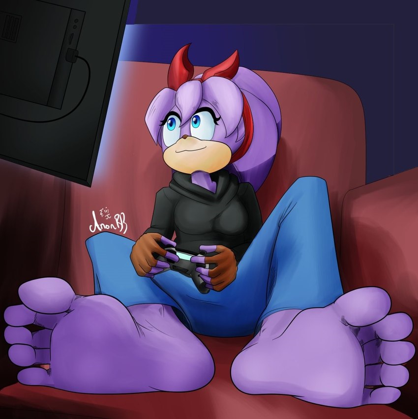 5_toes anthro barefoot blue_eyes clothed clothing controller feet female fingerless_gloves foot_focus game_controller gloves handwear purple_body smile soles solo toes anonbb sega sonic_boom sonic_the_hedgehog_(series) perci_the_bandicoot bandicoot mammal marsupial