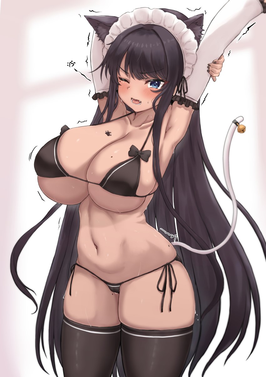 accessory bell big_breasts black_bra black_clothing black_hair black_legwear black_stockings black_thigh_highs black_underwear blue_eyes bodily_fluids bra breasts camel_toe cleavage clothed clothing female furgonomics hair legwear long_hair maid_headdress navel one_eye_closed panties raised_arms side-tie_panties solo standing stockings sweat tail tail_accessory tail_bell thick_thighs thigh_highs translucent translucent_hair underwear white_tail sho99614288 animal_humanoid cat_humanoid felid felid_humanoid feline feline_humanoid humanoid mammal mammal_humanoid hi_res