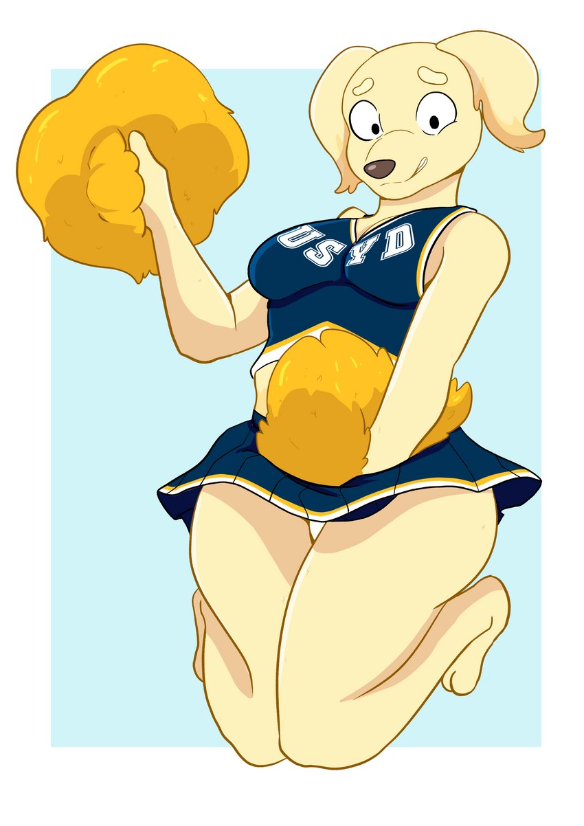 anthro bottomwear cheerleader clothed clothing female jumping looking_at_viewer miniskirt panties pom_poms skirt solo underwear upskirt reddoshirousagi06 bluey_(series) janelle_(bluey) bird_dog canid canine canis domestic_dog hunting_dog labrador mammal retriever absurd_res hi_res