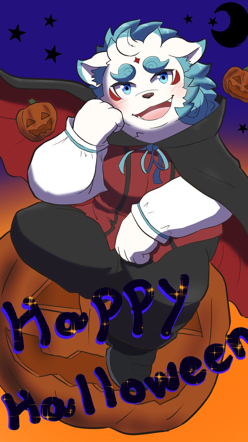 anthro blue_eyes blush cape clothing holidays male pose slightly_chubby solo text vampire_costume young young_anthro tullys_dallies asian_mythology east_asian_mythology halloween japanese_mythology lifewonders mythology tokyo_afterschool_summoners agyo_(tas) foo_dog komainu mammal yokai 9:16 english_text hi_res