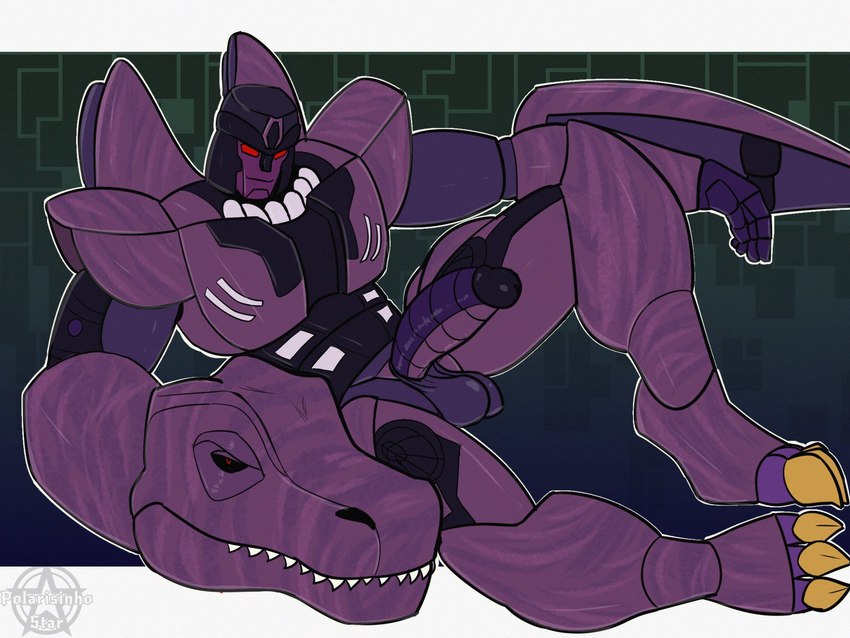 anthro balls big_balls big_penis claws fangs genitals lying machine male penis presenting presenting_penis red_eyes smile smiling_at_viewer smirk smirking_at_viewer solo teeth polarisinhostar hasbro takara_tomy transformers transformers:_beast_wars megatron megatron_(beast_wars) cybertronian dinosaur humanoid prehistoric_species reptile robot scalie theropod tyrannosaurid tyrannosauroid tyrannosaurus tyrannosaurus_rex 4:3 hi_res