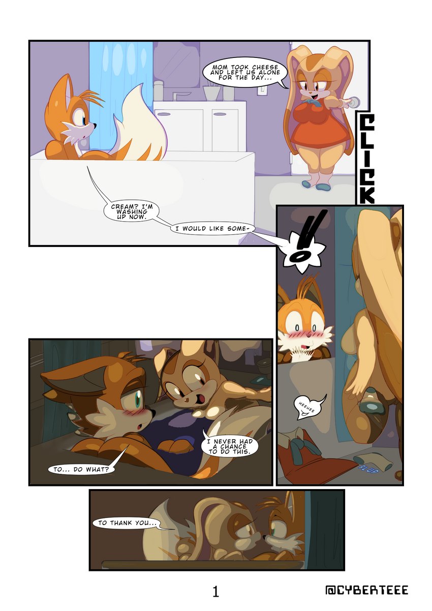 aged_up anthro bathroom bathtub blush blush_lines clothing dialogue duo female genitals low_light low_lighting male male/female pronounced_browridge surprised_expression text undressing water cybert sega sonic_the_hedgehog_(series) cream_the_rabbit miles_prower canid canine fox lagomorph leporid mammal rabbit comic english_text hi_res