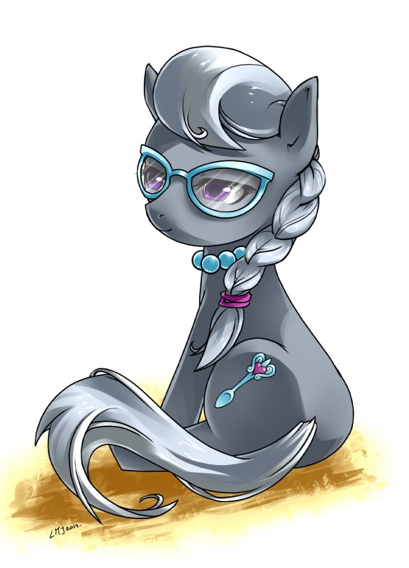 cutie_mark cutlery eyewear female feral glasses grey_hair hair jewelry kitchen_utensils necklace purple_eyes simple_background sitting solo spoon tail tools white_background young young_feral katiramoon friendship_is_magic hasbro my_little_pony silver_spoon_(mlp) earth_pony equid equine horse mammal pony 2012 hi_res