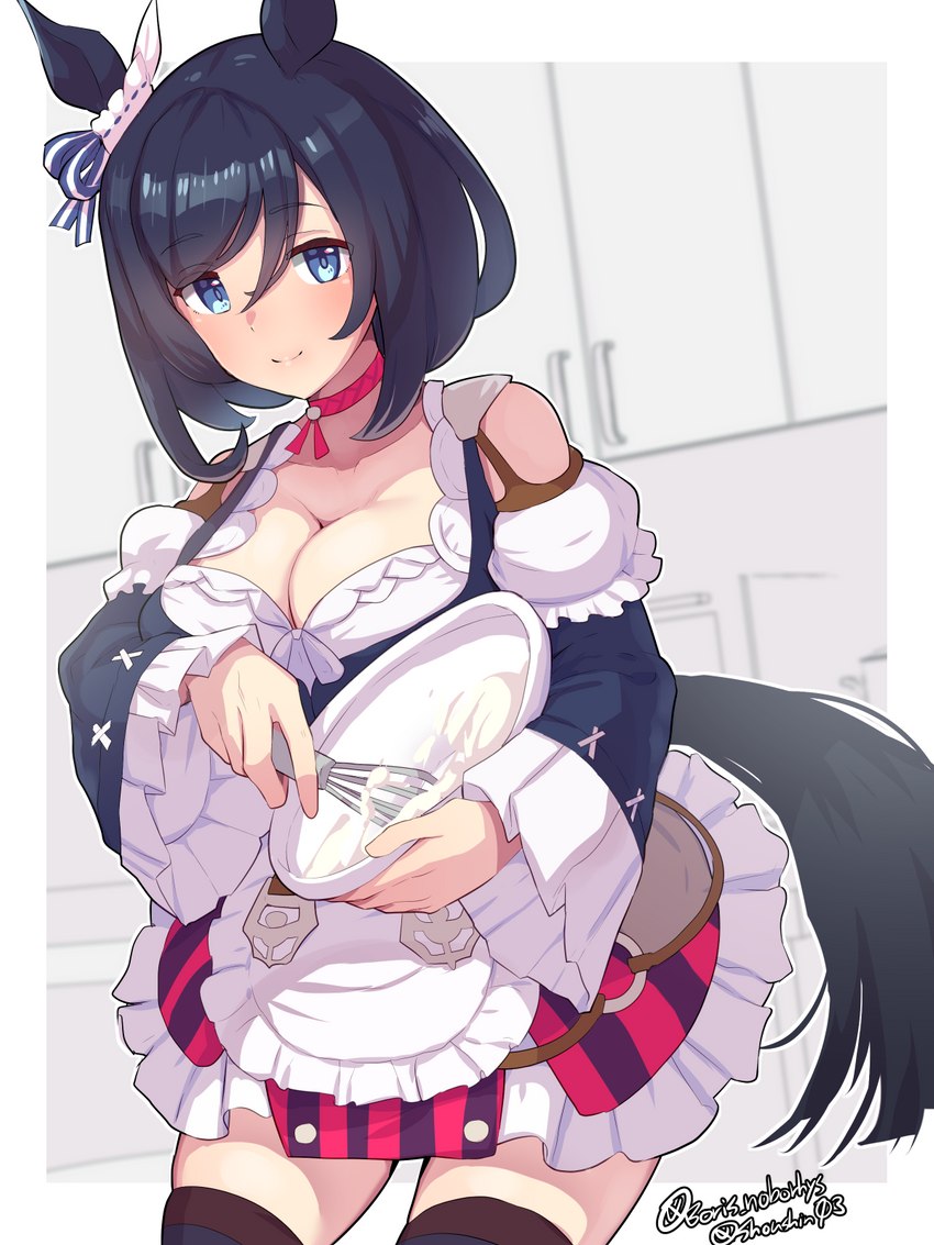 absolute_territory black_hair blue_eyes bowl breasts cleavage clothed clothing container dairy_products dress female food hair kitchen_utensils legwear looking_at_viewer thigh_highs tools whipped_cream whisk boris_noborhys cygames uma_musume_pretty_derby eishin_flash_(pretty_derby) animal_humanoid equid equid_humanoid equine equine_humanoid horse_humanoid humanoid mammal mammal_humanoid 2021 3:4 hi_res