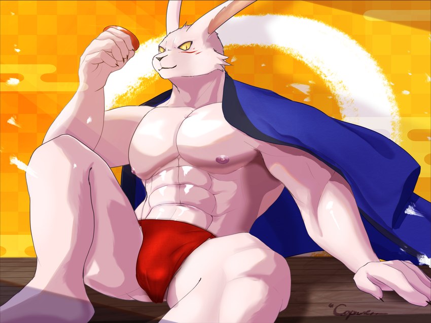 abs anthro barazoku biceps detailed_background looking_at_viewer male muscular muscular_anthro muscular_male nipples pecs smile solo white_body yellow_sclera caproicyuhki chinese_zodiac year_of_the_rabbit lagomorph leporid mammal rabbit digital_media_(artwork) hi_res