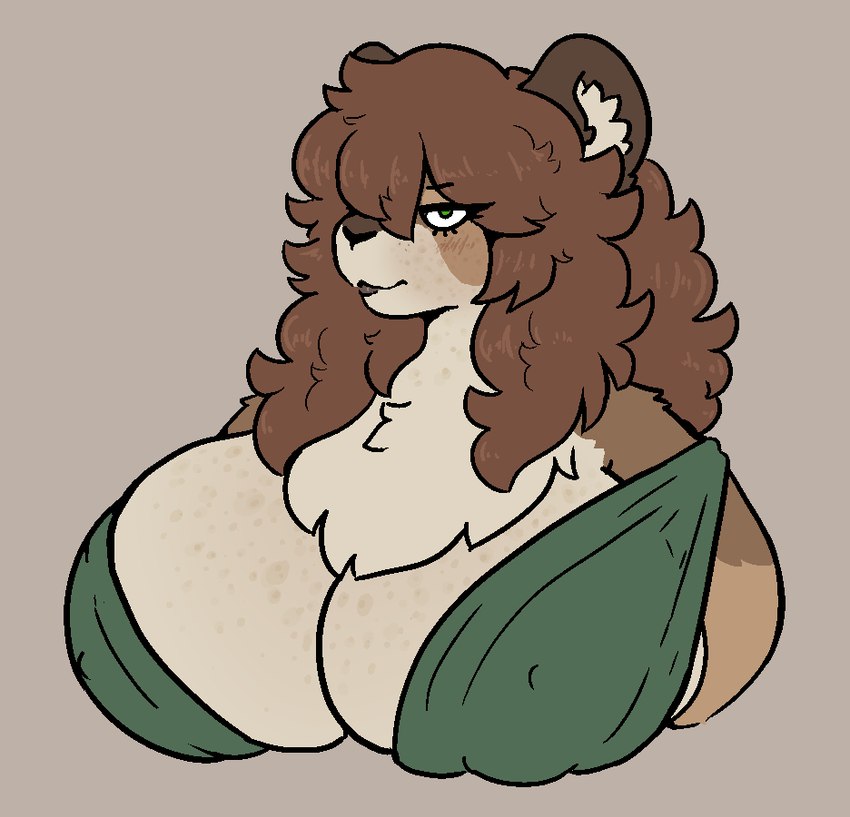 anthro big_breasts blush breasts brown_hair chest_tuft clothed clothing curvy_figure dress eyelashes female fur green_clothing green_dress green_eyes hair huge_breasts lips medium_hair nipple_outline overweight overweight_female simple_background solo thick_bottom_lip tuft mexifurfoof lucy_(mexifurfoof) felid lion mammal pantherine digital_drawing_(artwork) digital_media_(artwork)