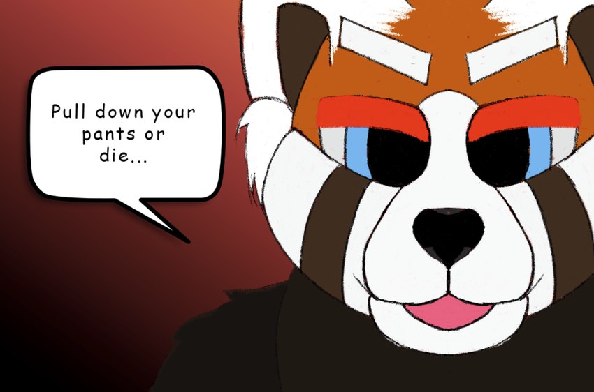 anthro aroused blue_eyes dialogue male simple_background text unknown_artist generic_character ailurid mammal red_panda comic english_text hi_res