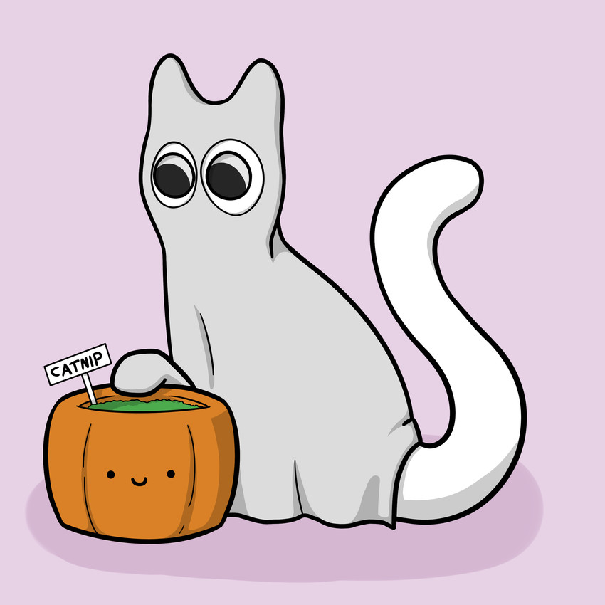 ambiguous_gender big_eyes big_tail catnip clothing costume drugs feral food fruit fur looking_at_viewer pink_background plant pumpkin simple_background smile solo tail text white_body white_fur orbitalis domestic_cat felid feline felis ghost mammal spirit 1:1 absurd_res english_text hi_res