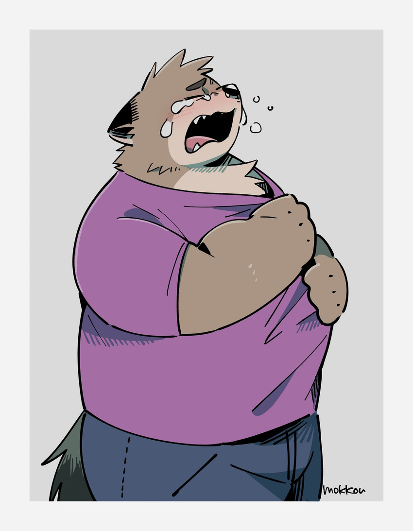 anthro belly bodily_fluids border bottomwear clothing crying cute_fangs eyes_closed fangs kemono male overweight overweight_anthro overweight_male pants shirt simple_background solo tears teeth topwear white_border uokkom canid canine mammal 2020 hi_res