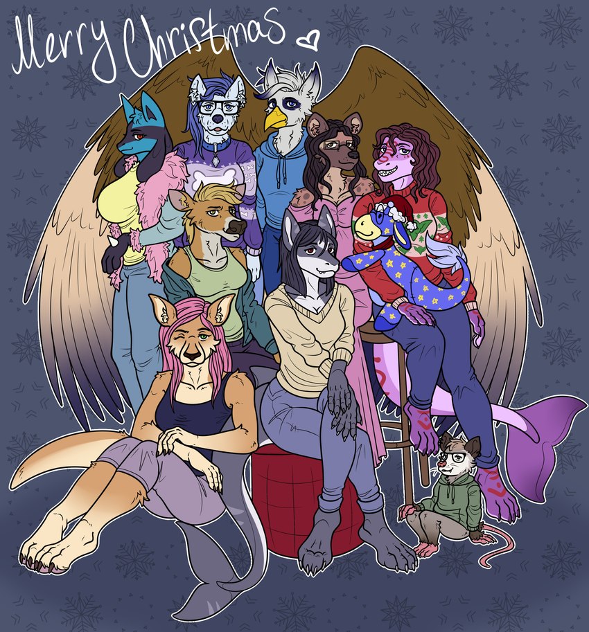 anthro big_breasts breasts clothed clothing eyebrows eyewear feet fin fur glasses group group_photo hair male open_mouth photo pointy_ears prick_ears shark_fin shark_tail shark_teeth simple_background smile tail tail_tuft teeth teeth_showing tongue tuft wings winter_clothing kiri-anko nintendo pokemon accipitrid accipitriform american_opossum avian bird bovid bovine canid canine cattle eagle fish generation_4_pokemon hybrid hyena kangaroo lucario macropod mammal marine marsupial pokemon_(species) shark absurd_res digital_media_(artwork) hi_res