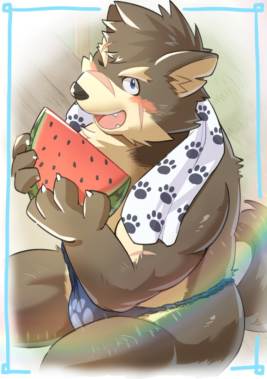 anthro asian_clothing blush clothing east_asian_clothing eating eyebrows food fruit fundoshi fur grey_body grey_fur japanese_clothing male melon one_eye_closed plant scar solo thick_eyebrows underwear watermelon wink kouga0225 lifewonders tokyo_afterschool_summoners moritaka_(tas) canid canine canis domestic_dog mammal absurd_res hi_res