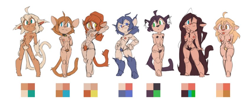 arm_fur arm_hair armpit_hair biped black_body black_fur black_hair black_nipples blonde_hair blue_body blue_eyes blue_fur blue_hair body_hair breasts brown_body brown_eyes brown_fur brown_hair cat_tail color_swatches ear_fur ear_tuft ears_down ears_up fair_skin female flat_chested forearm_hair forearms front_view fur green_eyes group hair heterochromia inner_ear_fluff leg_fur long_hair male messy_hair nipples nude orange_body orange_fur orange_hair pale_skin palette pink_nipples pivoted_ears pubes puffy_nipples red_nipples short_hair skinny small_breasts standing tanned_skin three-quarter_view tied_hair tuft white_body white_fur white_hair wide_hips yellow_body yellow_eyes yellow_fur reakuthecrate animal_humanoid cat_humanoid felid felid_humanoid feline feline_humanoid human humanoid hybrid mammal mammal_humanoid digital_drawing_(artwork) digital_media_(artwork) flat_colors full-length_portrait multiple_images portrait sketch_page