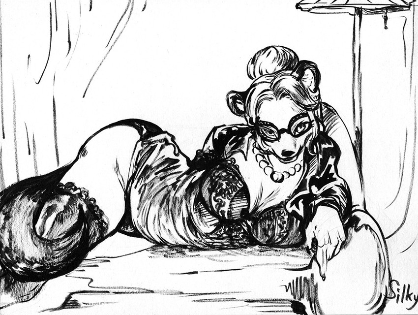 anthro big_breasts breasts chaise_lounge cleavage clothed clothing curtains eyewear female glasses hair jewelry lamp legwear lingerie looking_at_viewer lying mature_anthro mature_female necklace on_side solo stockings silkyfangs matilda_fotherby hyena mammal spotted_hyena black_and_white digital_drawing_(artwork) digital_media_(artwork) monochrome portrait sketch three-quarter_portrait