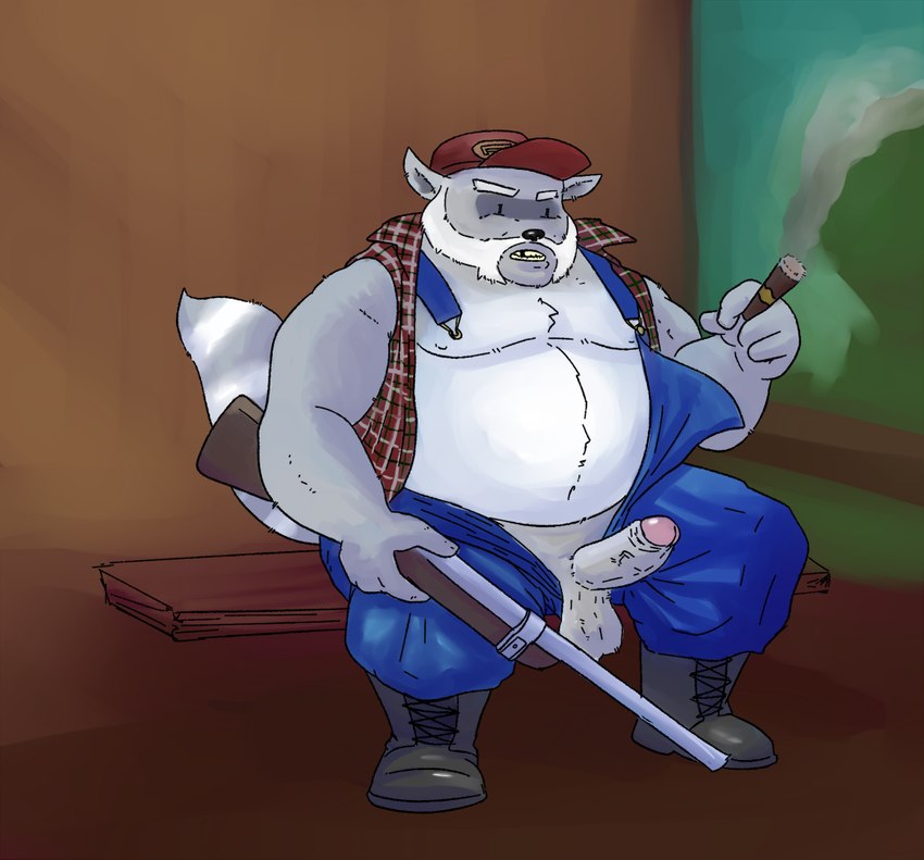 anthro balls beard black_nose cigar clothing erection facial_hair fur genitals grey_body grey_fur hat headgear headwear humanoid_genitalia humanoid_hands humanoid_penis male overalls overweight overweight_anthro overweight_male penis sitting solo weapon caesarcub mammal procyonid raccoon 2014