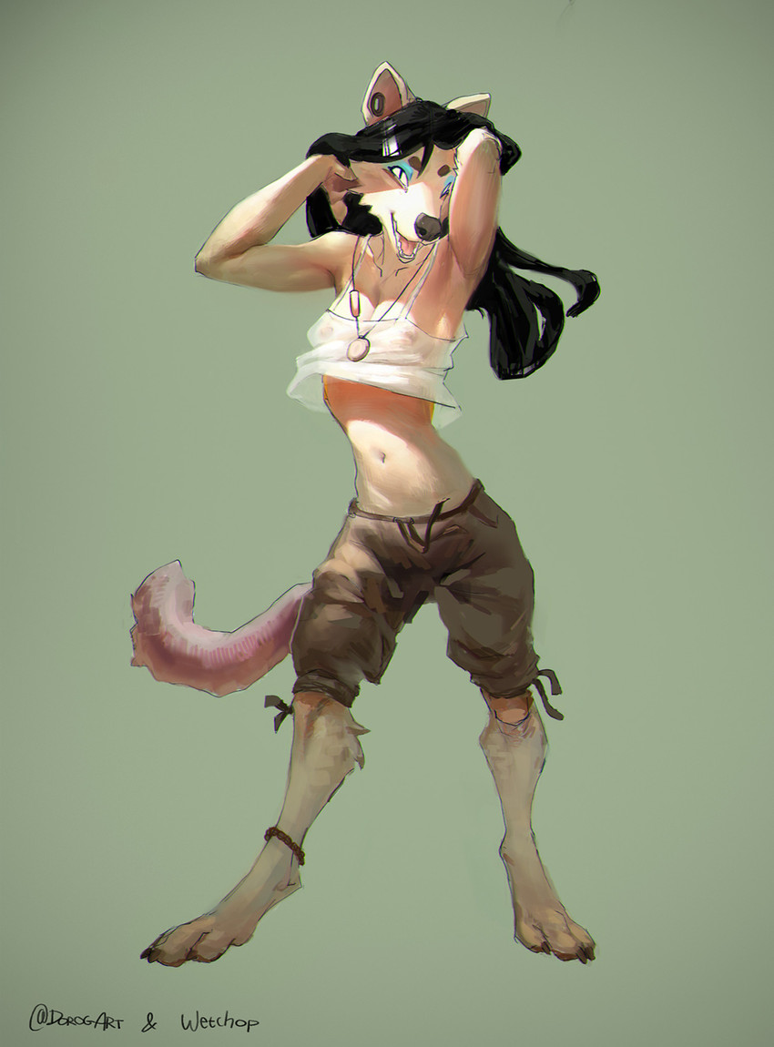 anklet anthro areola barefoot biped black_hair black_nose blue_eyeshadow bottomwear breasts brown_bottomwear brown_clothing brown_shorts claws clothed clothing digitigrade eyebrows eyeshadow feet female front_view fur hair hands_behind_head jewelry long_hair makeup midriff navel necklace nipples open_mouth shirt shorts simple_background skinny slim small_breasts solo standing tank_top teeth toe_claws tongue topwear translucent translucent_clothing white_body white_clothing white_fur white_shirt white_tank_top white_topwear dorogart wetchop caroline_(dorogart) canid canine canis coyote mammal 2023 artist_collaboration digital_media_(artwork) digital_painting_(artwork) full-length_portrait hi_res painting_(artwork) portrait signature