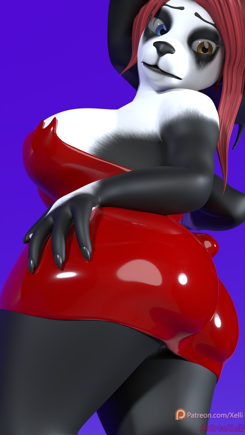 anthro big_breasts big_butt breast_expansion breasts butt butt_focus clothed clothed_anthro clothed_female clothing curvy_anthro curvy_figure dress expansion female hair hat headgear headwear heterochromia latex latex_clothing latex_dress magic magic_user magic_wand red_hair skimpy skimpy_dress solo thick_thighs tight_clothing tight_dress wand wide_hips witch witch_costume witch_hat worried xelli blizzard_entertainment warcraft bear giant_panda mammal pandaren 3d_(artwork) digital_media_(artwork) hi_res