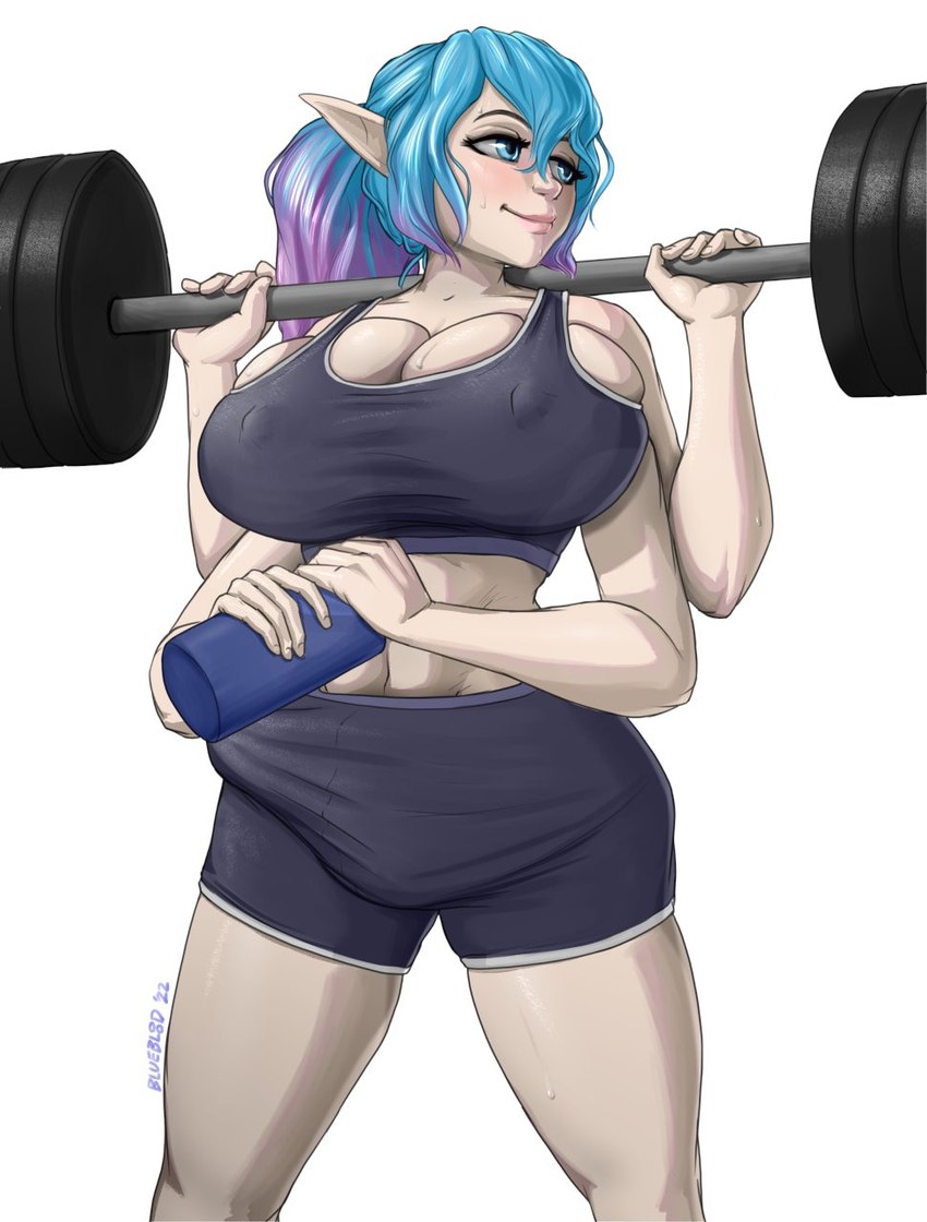 4_arms abs barbell big_breasts big_bulge blue_eyes blue_hair bottomwear bra breasts bulge clothed clothing erection erection_under_clothing gynomorph hair humanoid_pointy_ears intersex multi_arm multi_limb nipple_outline nipples pointy_ears shorts solo spandex spandex_shorts sports_bra tight_bottomwear tight_clothing tight_shorts underwear bluebl8d elf humanoid hi_res