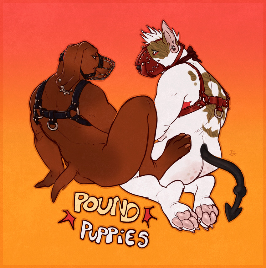 anthro bdsm belly black_leather black_tail blue_eyes brindle_coat brown_body brown_eyes brown_markings brown_nose brown_pawpads bulldog_harness chest_harness duo ear_piercing ear_ring ear_stud exaggerated_mastectomy_scar feet floppy_ears foot_on_butt fur gauged_ear gradient_background harness head_tuft innuendo kerchief kneeling leather leather_harness leather_muzzle looking_at_viewer male markings mastectomy_scar mohawk mottled mottled_body mottled_skin multiple_piercings muzzle_(object) no_eyebrows orange_body pawpads petplay piercing pink_belly pink_pawpads pointy_ears puppyplay red_background red_bandana red_leather red_markings red_scar ring_piercing roleplay scar short_tail simple_background sitting sketchy skull_(marking) smile spade_tail tail tan_claws text tuft white_body white_fur white_tail yellow_background interkos levee_(interkos) bull_terrier canid canine canis domestic_dog hunting_dog mammal redbone_coonhound terrier 2023 english_text hi_res