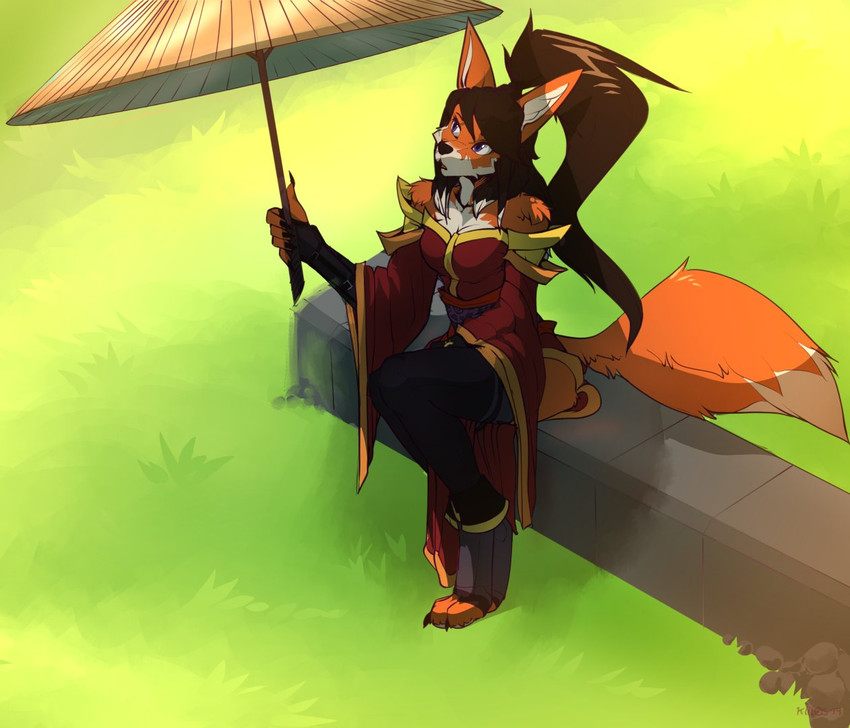 anthro armwear clothing elbow_gloves female gloves grass handwear legwear orange_body plant sitting solo umbrella purplelemons kumiho_(purplelemons) canid canine fox mammal 2020 digital_media_(artwork) shaded