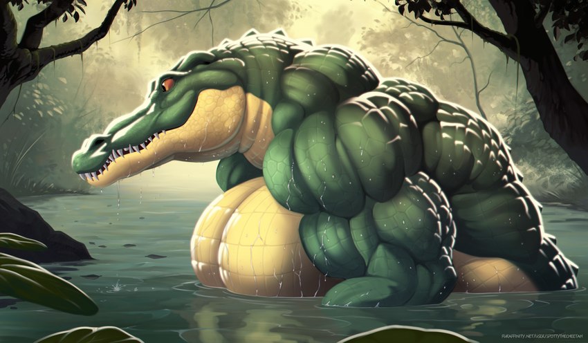 anthro big_breasts big_muscles breasts female green_body huge_breasts huge_muscles muscular nude red_eyes solo swamp text water spotty_the_cheetah crocodile crocodilian humanoid reptile scalie absurd_res hi_res url