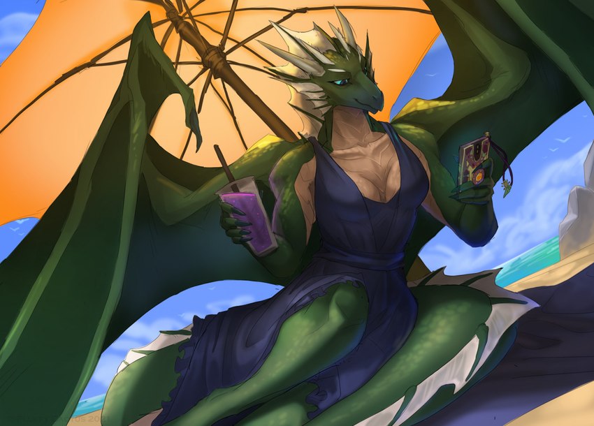 anthro beach beach_umbrella beachside beverage blue_clothing blue_dress blue_sclera breasts cellphone claws cleavage clothed clothing container cup day detailed_background dress electronics female fingers green_body holding_beverage holding_object holding_phone horn looking_at_object looking_at_phone membrane_(anatomy) membranous_wings non-mammal_breasts on_ground outside parasol phone sand sea seaside sky solo tail umbrella water white_body wing_claws wings fluffy_cactus mythology asteri_caelcius dragon mythological_creature mythological_scalie scalie