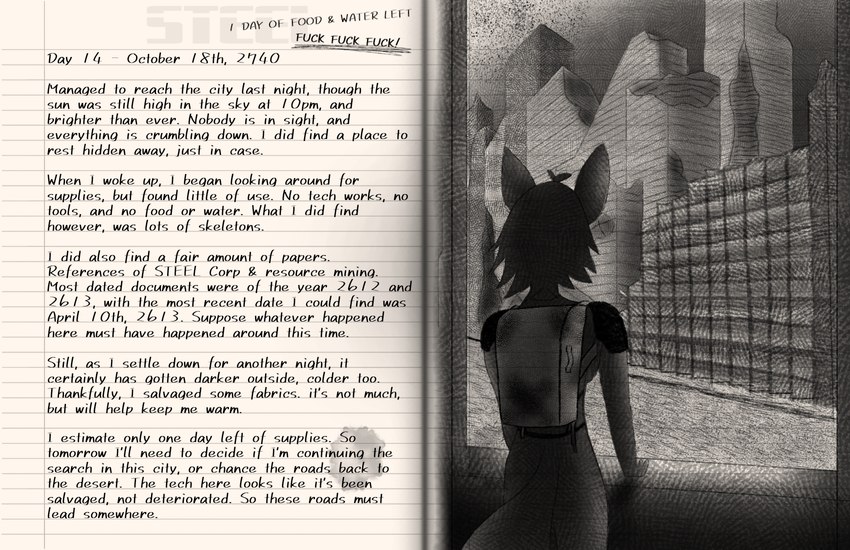 anthro backpack bodily_fluids book building city clothing destroyed_building destroyed_city destruction diary female journal modern_architecture paper profanity solo standing street tears text uniform wall_(structure) from_the_archives c3-2740-32 canid canine canis mammal wolf dated english_text hi_res