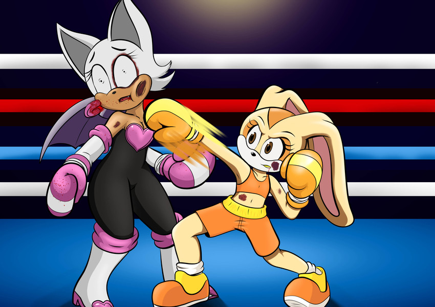 anthro blood bodily_fluids boxing boxing_attire boxing_gloves breasts bruised clothing duo female handwear knockout sport young vk102 sega sonic_the_hedgehog_(series) cream_the_rabbit rouge_the_bat bat lagomorph leporid mammal rabbit absurd_res hi_res