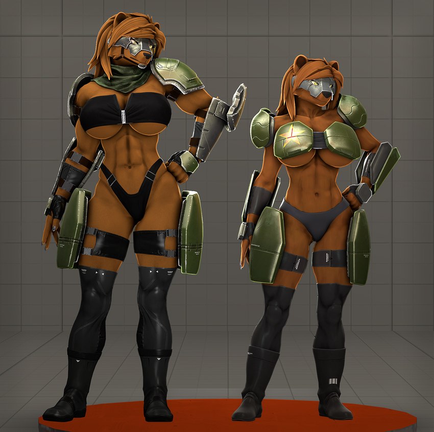 5_fingers abs anthro armor before_and_after big_breasts black_nose boots breasts brown_body brown_fur brown_hair cleavage clothed clothed_anthro clothed_female clothing comparison female fingers footwear fur gauntlets gloves hair handwear huge_breasts humanoid_hands legwear mask muscular muscular_anthro muscular_female navel panties shoes shoulder_pads solo thigh_boots thigh_highs thong unconvincing_armor under_boob underwear petruz petruz_(modeler) dasha_(petruz) bear brown_bear mammal ursine 2024 3d_(artwork) digital_media_(artwork) hi_res source_filmmaker_(artwork)