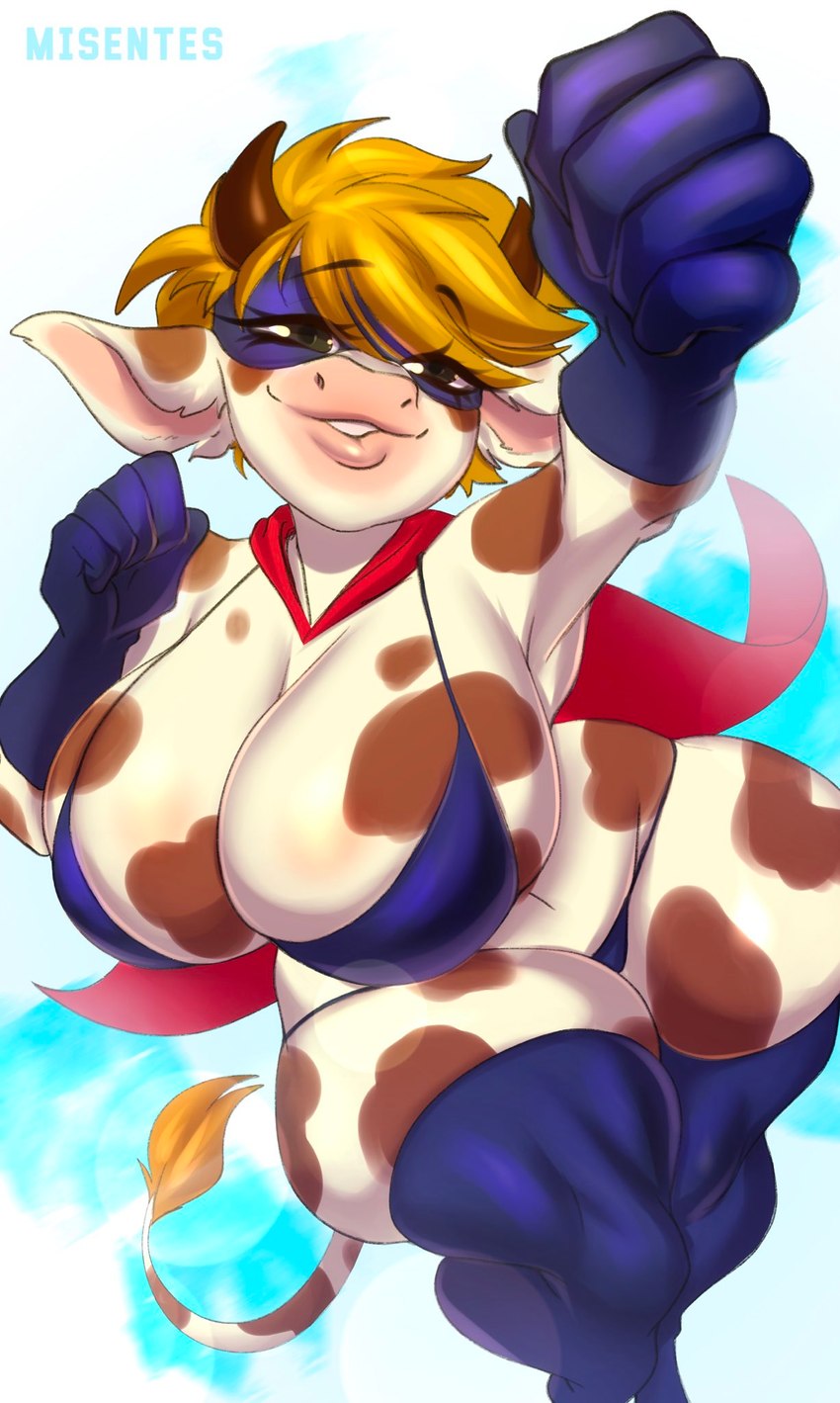 anthro big_breasts blonde_hair blue_bra blue_clothing blue_underwear bra breasts cape clothing cloud female fur gloves hair handwear horn huge_breasts legwear markings mask sky slightly_chubby slightly_chubby_female smile solo stockings superhero underwear white_body white_fur misentes supercow_(game) supercow_(supercow) bovid bovine cattle mammal hi_res